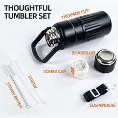 3-in-1 Insulated Water Bottle, 34oz Leakproof Stainless Steel Thermos with Straw & Spout Lid, 316 Stainless Steel Interior, Handle & Adjustable Strap for Work, Gym, Travel & Hot or Cold Drinks