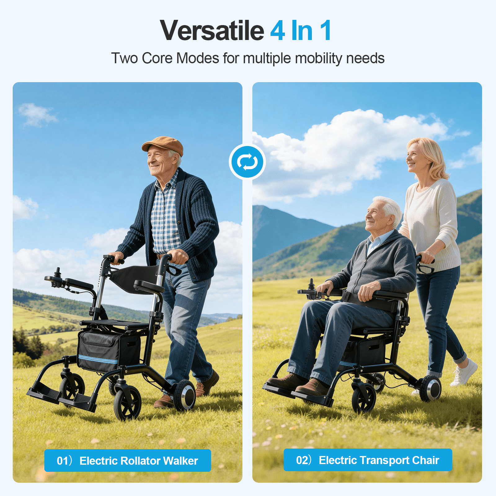 4 in 1 Wheelchair Rollator Walker Combo, 39lbs Lightweight Electric Wheelchair for Adults, 10Ah Battery, Black